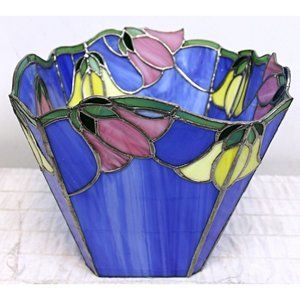 VTG Tiffany Style Stained Glass Tulips Flower Vase Waste Basket Multi Use Decor